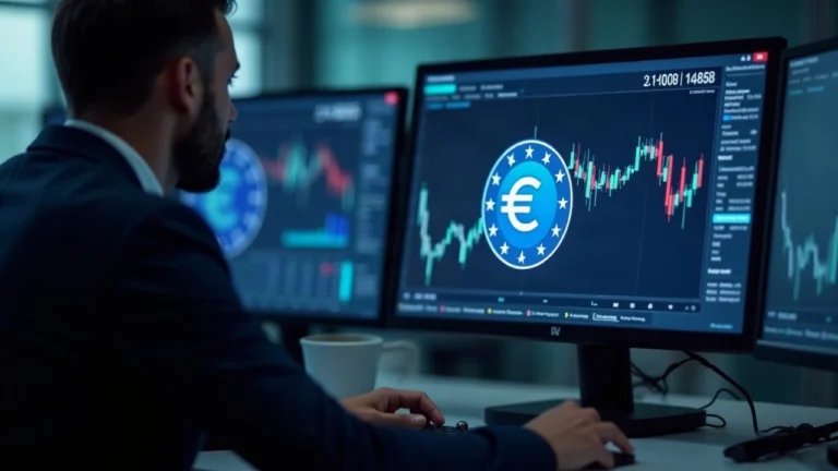 Analyst in a newsroom with a monitor displaying EURØP and XRPL logos, signaling regulated euro stablecoin adoption.