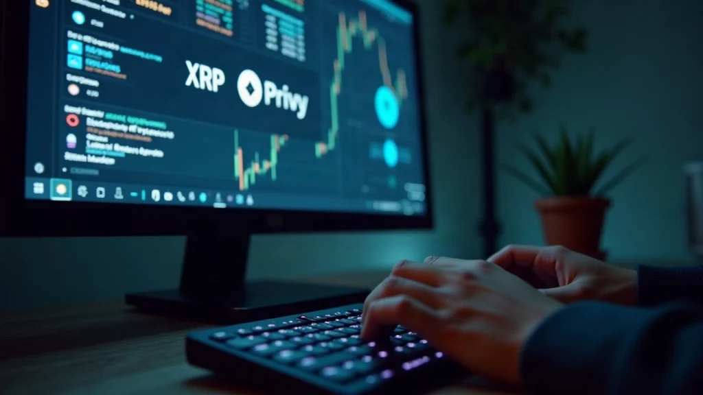 XRPL dashboard on a monitor showing Privy branding and an AI agent icon, hands on keyboard under newsroom lighting.