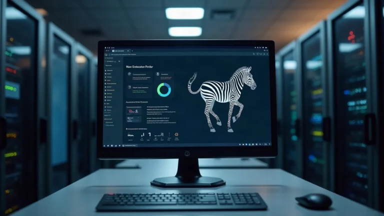 Dashboard view of Zebra 7.0.0 release on a monitor in a server room, with the NU7 symbol in a neutral newsroom style.
